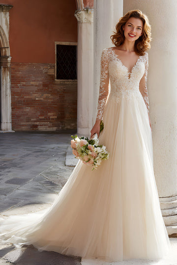 Ivoire col V dentelle trapèze appliqué tulle court traîne robe de mariée